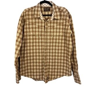 Wrangler Retro Premium Mens Brown Plaid Tiger Eye Pearl Snap Flip Cuff Shirt‎ L